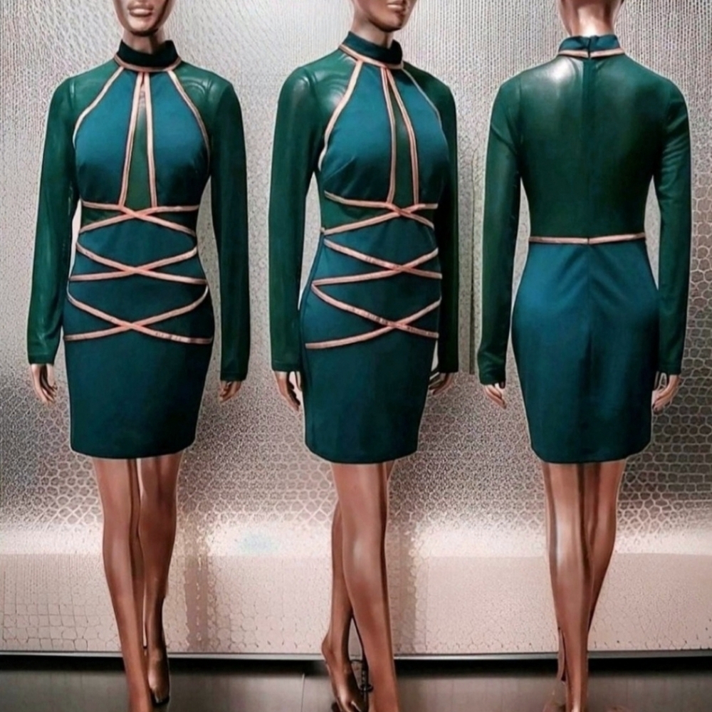 NWT New All My Love Hunter Green Gold Bodycon Mini Cocktail Dress Sz L
